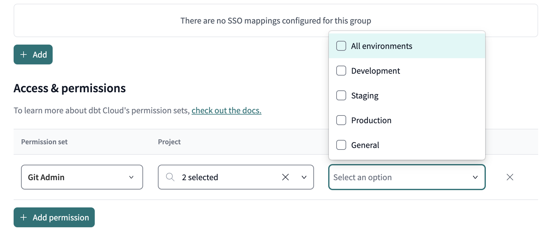 Example environment access control for a group with Git admin assigned. Example environment access control for a group with Git admin assigned.